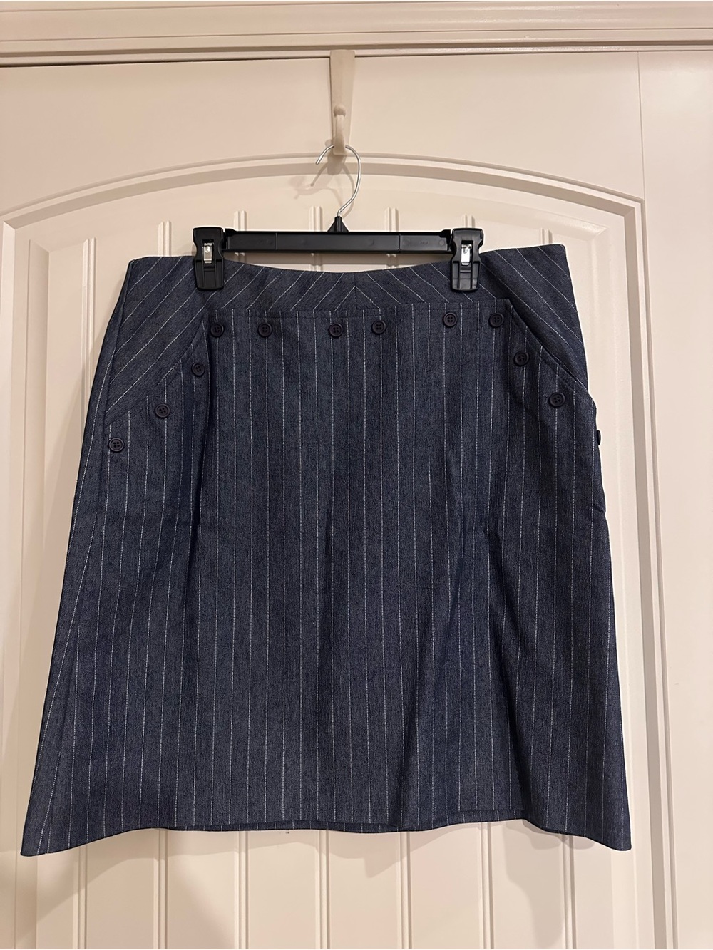 Navy Pinstripe Midi Skirt with Button Detail